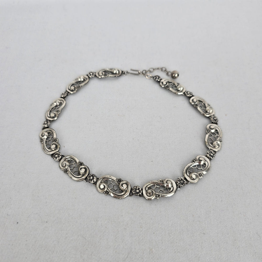 Vintage 1950s Sterling Silver Openwork Lace Scroll Link Choker Collar Necklace
