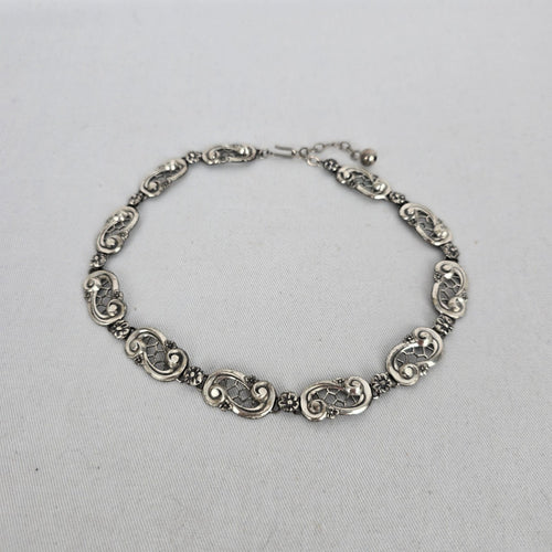 Vintage 1950s Sterling Silver Openwork Lace Scroll Link Choker Collar Necklace