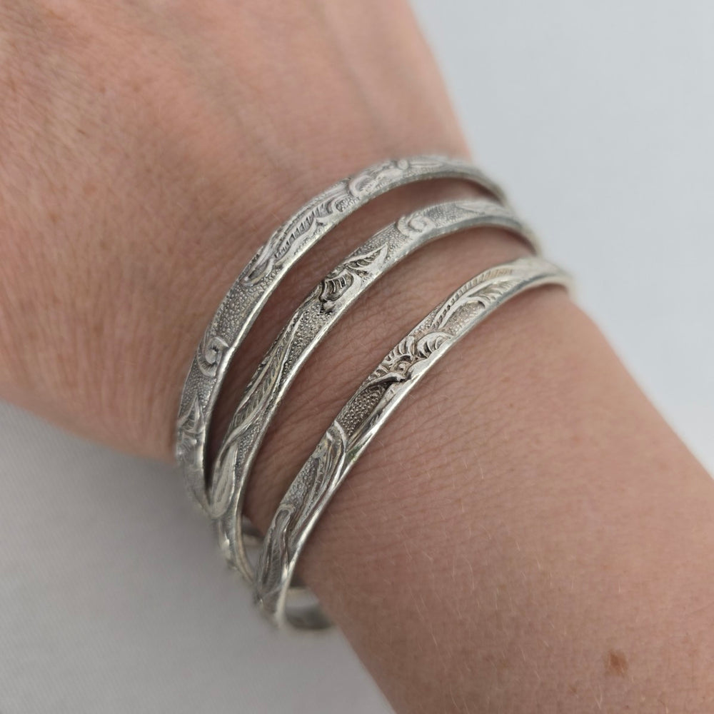 Taxco 925 Sterling Silver Engraved Floral Bangle Bracelets – Set of 3