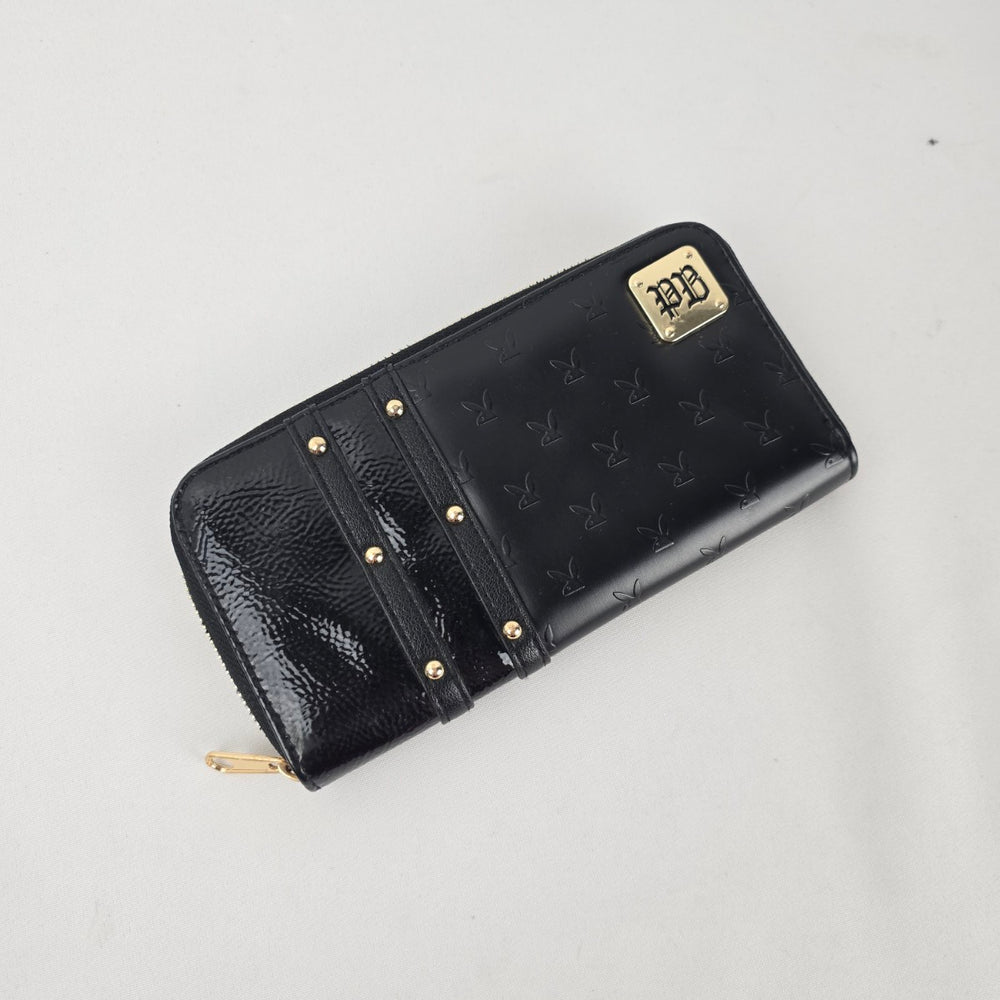 Playboy Black Patent Zip-Around Wallet with Gold-Tone Hardware