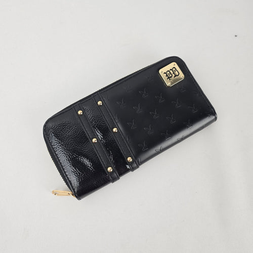 Playboy Black Patent Zip-Around Wallet with Gold-Tone Hardware