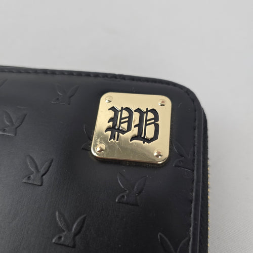 Playboy Black Patent Zip-Around Wallet with Gold-Tone Hardware