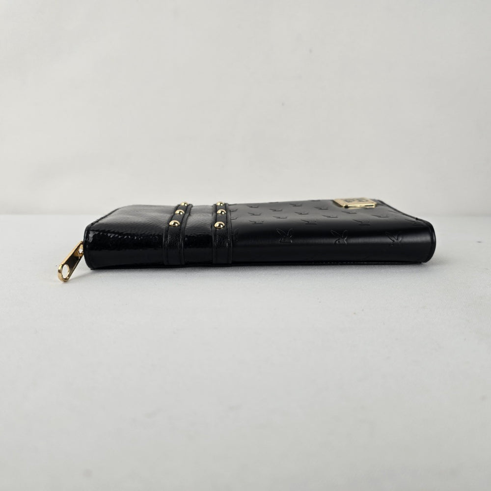 Playboy Black Patent Zip-Around Wallet with Gold-Tone Hardware