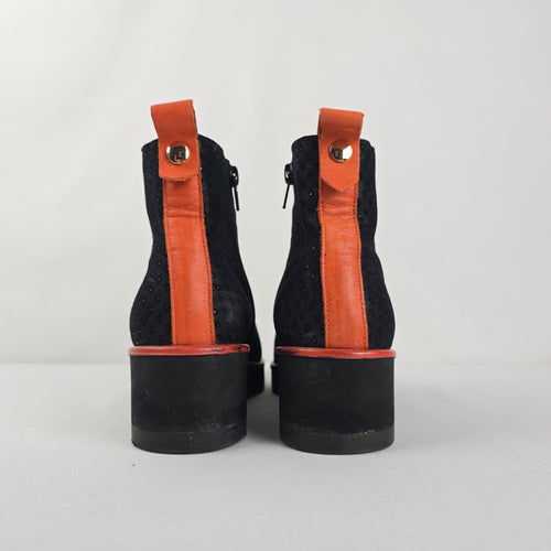 Tamara London Women's Black Perforated Ankle Boots Orange Accent - Size 6