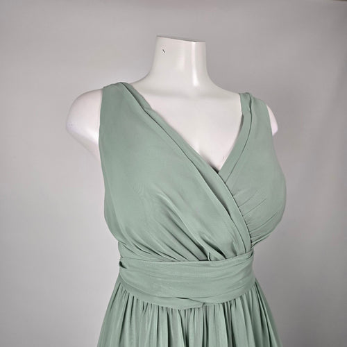 Azazie Women's Sage Green V-Neck Floor Length Bridesmaid Dress Size A18 Fits L-XL