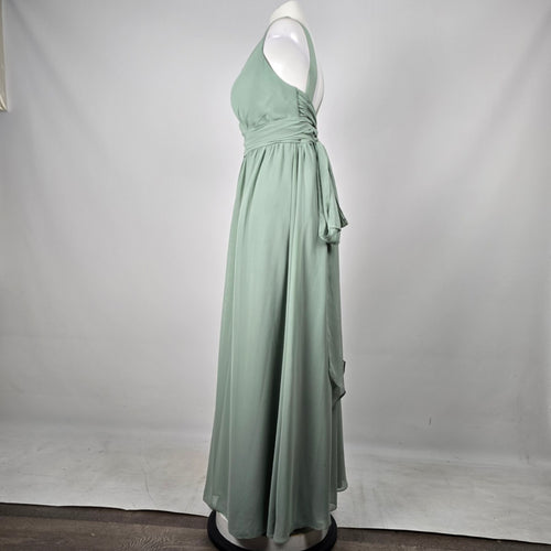 Azazie Women's Sage Green V-Neck Floor Length Bridesmaid Dress Size A18 Fits L-XL