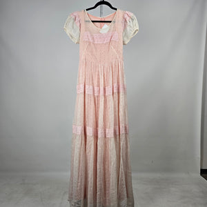 Vintage Pink Ivory Eyelet Lace Maxi Dress Puff Sleeve Pearl Button - Size XS