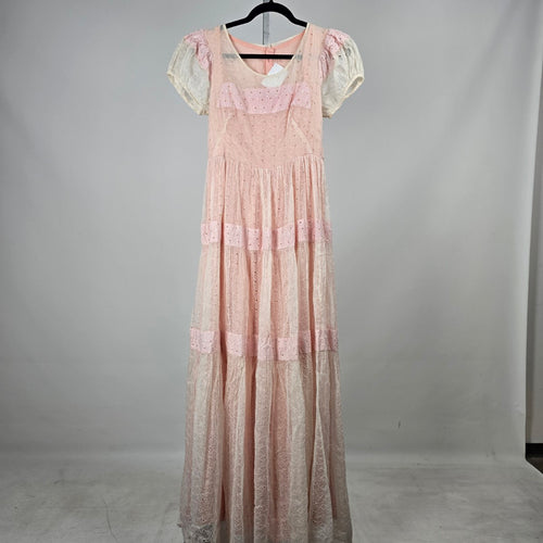 Vintage Pink Ivory Eyelet Lace Maxi Dress Puff Sleeve Pearl Button - Size XS