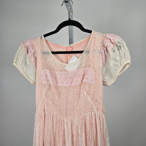 Vintage Pink Ivory Eyelet Lace Maxi Dress Puff Sleeve Pearl Button - Size XS