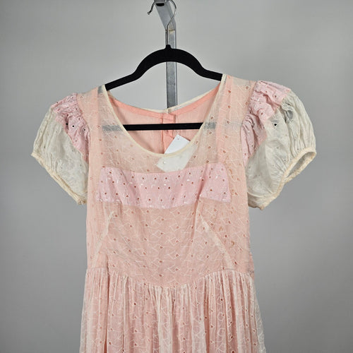 Vintage Pink Ivory Eyelet Lace Maxi Dress Puff Sleeve Pearl Button - Size XS