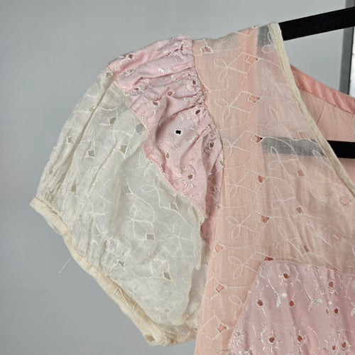 Vintage Pink Ivory Eyelet Lace Maxi Dress Puff Sleeve Pearl Button - Size XS
