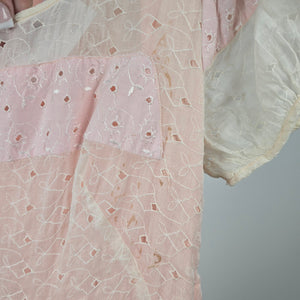 Vintage Pink Ivory Eyelet Lace Maxi Dress Puff Sleeve Pearl Button - Size XS