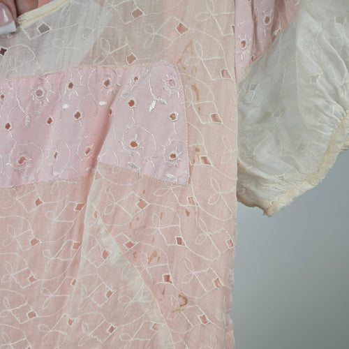 Vintage Pink Ivory Eyelet Lace Maxi Dress Puff Sleeve Pearl Button - Size XS