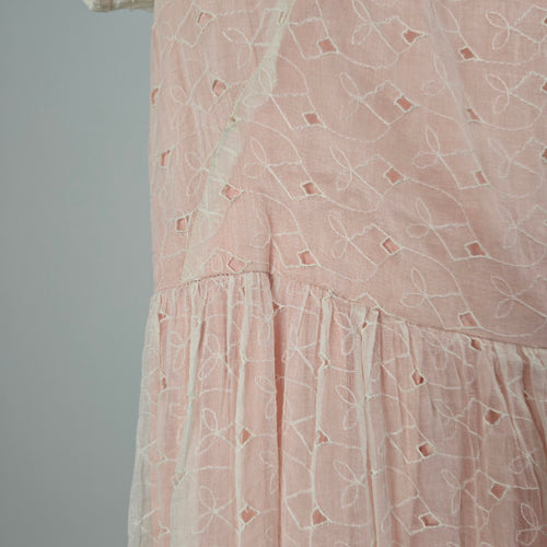 Vintage Pink Ivory Eyelet Lace Maxi Dress Puff Sleeve Pearl Button - Size XS