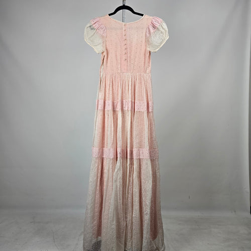 Vintage Pink Ivory Eyelet Lace Maxi Dress Puff Sleeve Pearl Button - Size XS