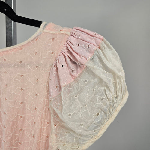 Vintage Pink Ivory Eyelet Lace Maxi Dress Puff Sleeve Pearl Button - Size XS