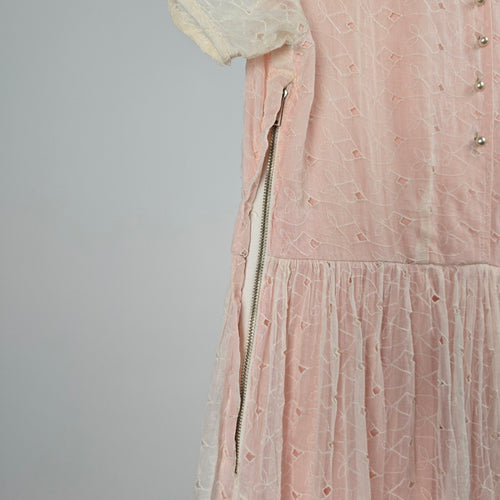 Vintage Pink Ivory Eyelet Lace Maxi Dress Puff Sleeve Pearl Button - Size XS