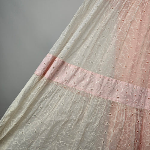 Vintage Pink Ivory Eyelet Lace Maxi Dress Puff Sleeve Pearl Button - Size XS