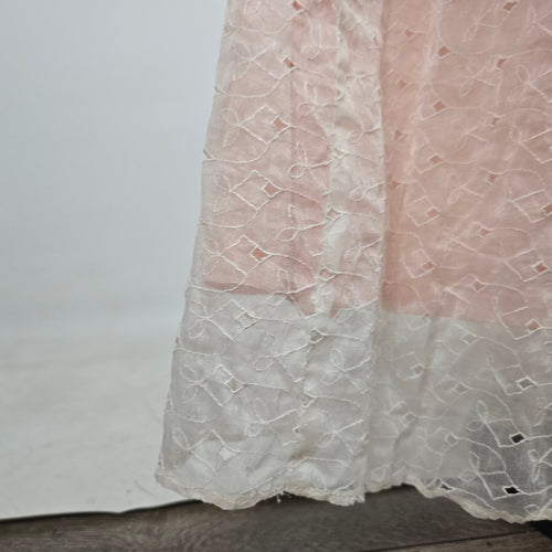 Vintage Pink Ivory Eyelet Lace Maxi Dress Puff Sleeve Pearl Button - Size XS