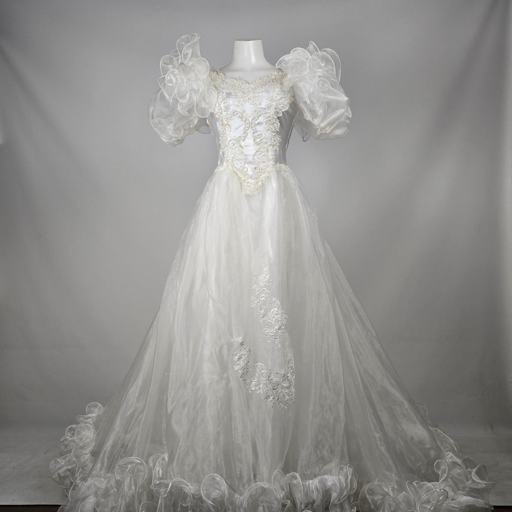 Vintage 80s Jai Inter Women's White Beaded Ruffle Wedding Gown - Size 10