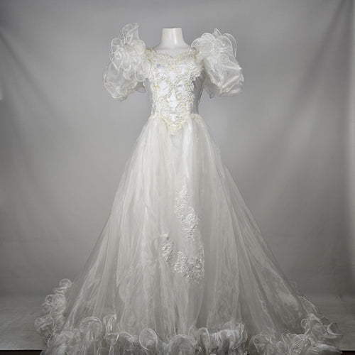 Vintage 80s Jai Inter Women's White Beaded Ruffle Wedding Gown - Size 10