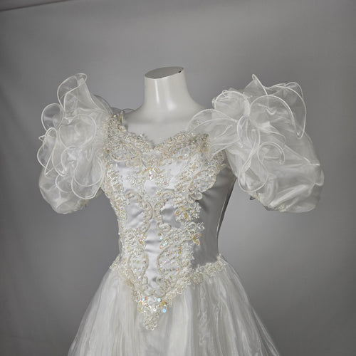 Vintage 80s Jai Inter Women's White Beaded Ruffle Wedding Gown - Size 10