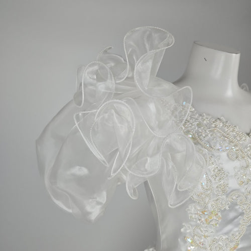 Vintage 80s Jai Inter Women's White Beaded Ruffle Wedding Gown - Size 10
