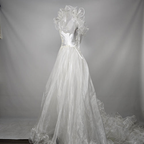 Vintage 80s Jai Inter Women's White Beaded Ruffle Wedding Gown - Size 10
