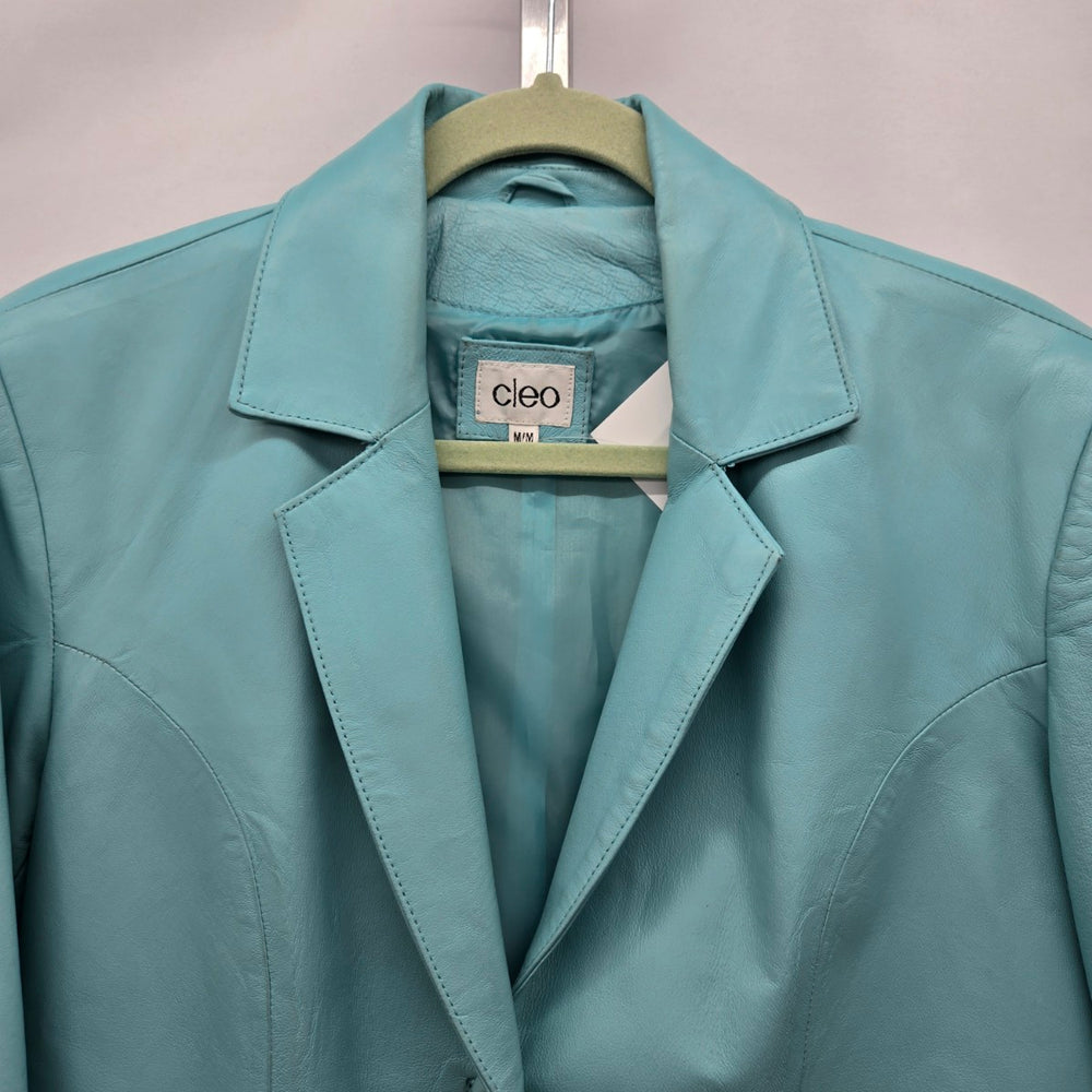 Cleo Women’s 100% Leather Blazer Jacket Turquoise Aqua - Size Medium