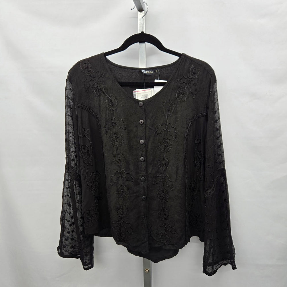 Papa Vancouver Black Embroidered Sheer Bell Sleeve Blouse - Size Medium