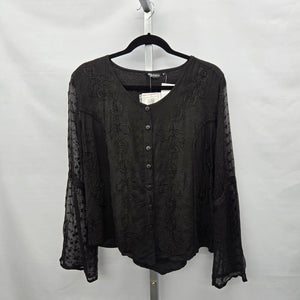 Papa Vancouver Black Embroidered Sheer Bell Sleeve Blouse - Size Medium