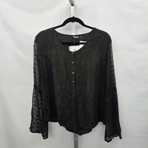 Papa Vancouver Black Embroidered Sheer Bell Sleeve Blouse - Size Medium