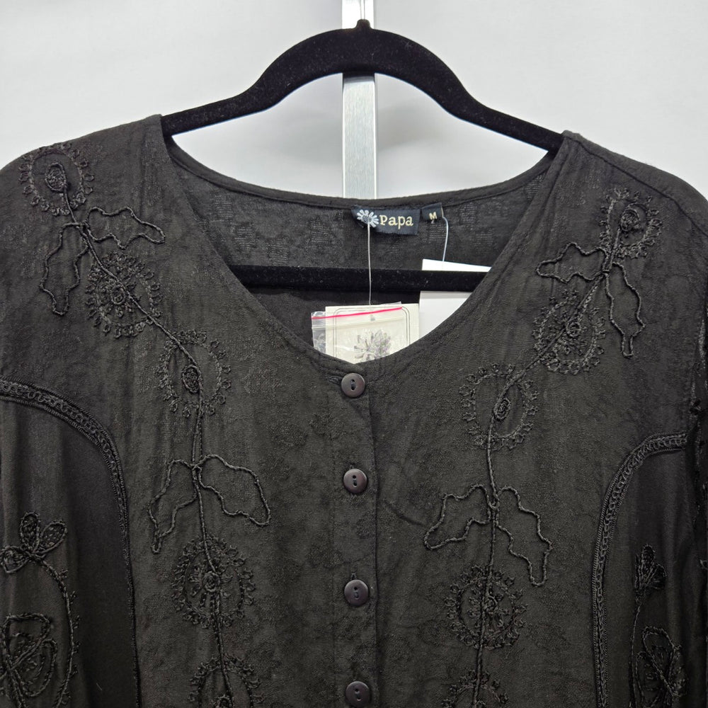 Papa Vancouver Black Embroidered Sheer Bell Sleeve Blouse - Size Medium