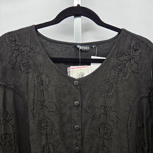 Papa Vancouver Black Embroidered Sheer Bell Sleeve Blouse - Size Medium