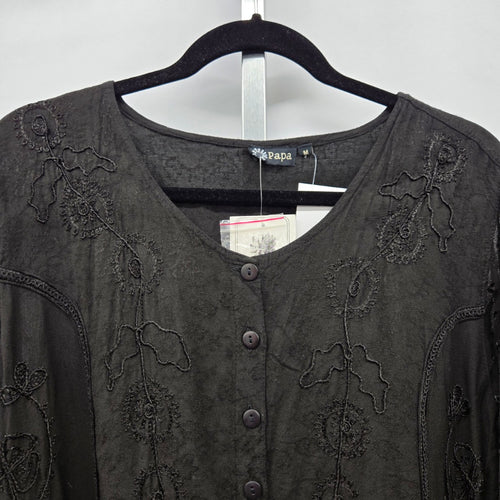 Papa Vancouver Black Embroidered Sheer Bell Sleeve Blouse - Size Medium