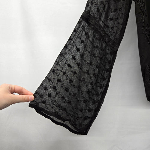 Papa Vancouver Black Embroidered Sheer Bell Sleeve Blouse - Size Medium