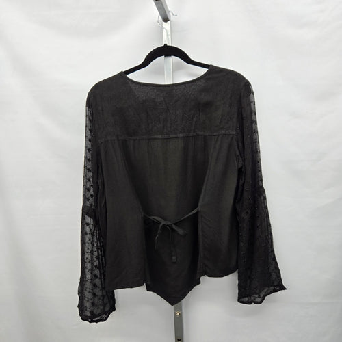 Papa Vancouver Black Embroidered Sheer Bell Sleeve Blouse - Size Medium