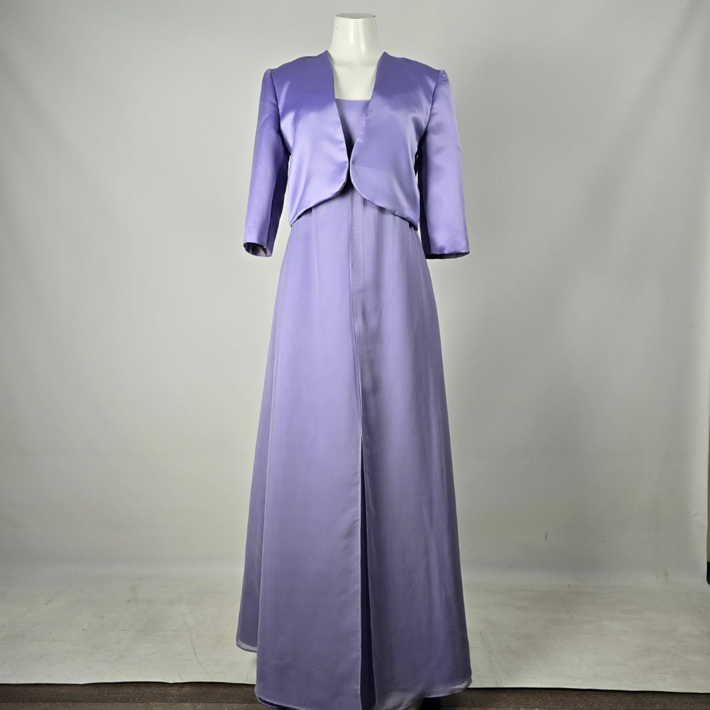 Lavender Purple Satin Chiffon Formal Gown with Matching Bolero Jacket - Size XS-S
