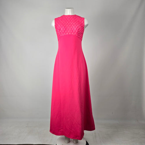 Vintage Hot Pink Lace Bodice Sleeveless Formal Maxi Dress - Size S-M