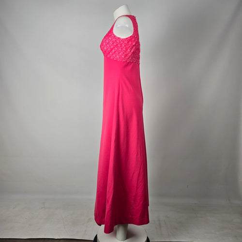 Vintage Hot Pink Lace Bodice Sleeveless Formal Maxi Dress - Size S-M