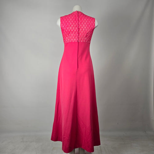 Vintage Hot Pink Lace Bodice Sleeveless Formal Maxi Dress - Size S-M