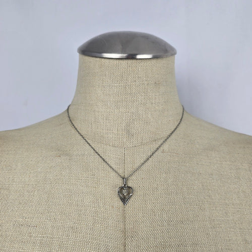 Vintage Sterling Silver Heart Pendant Necklace with Clear Faceted Stone