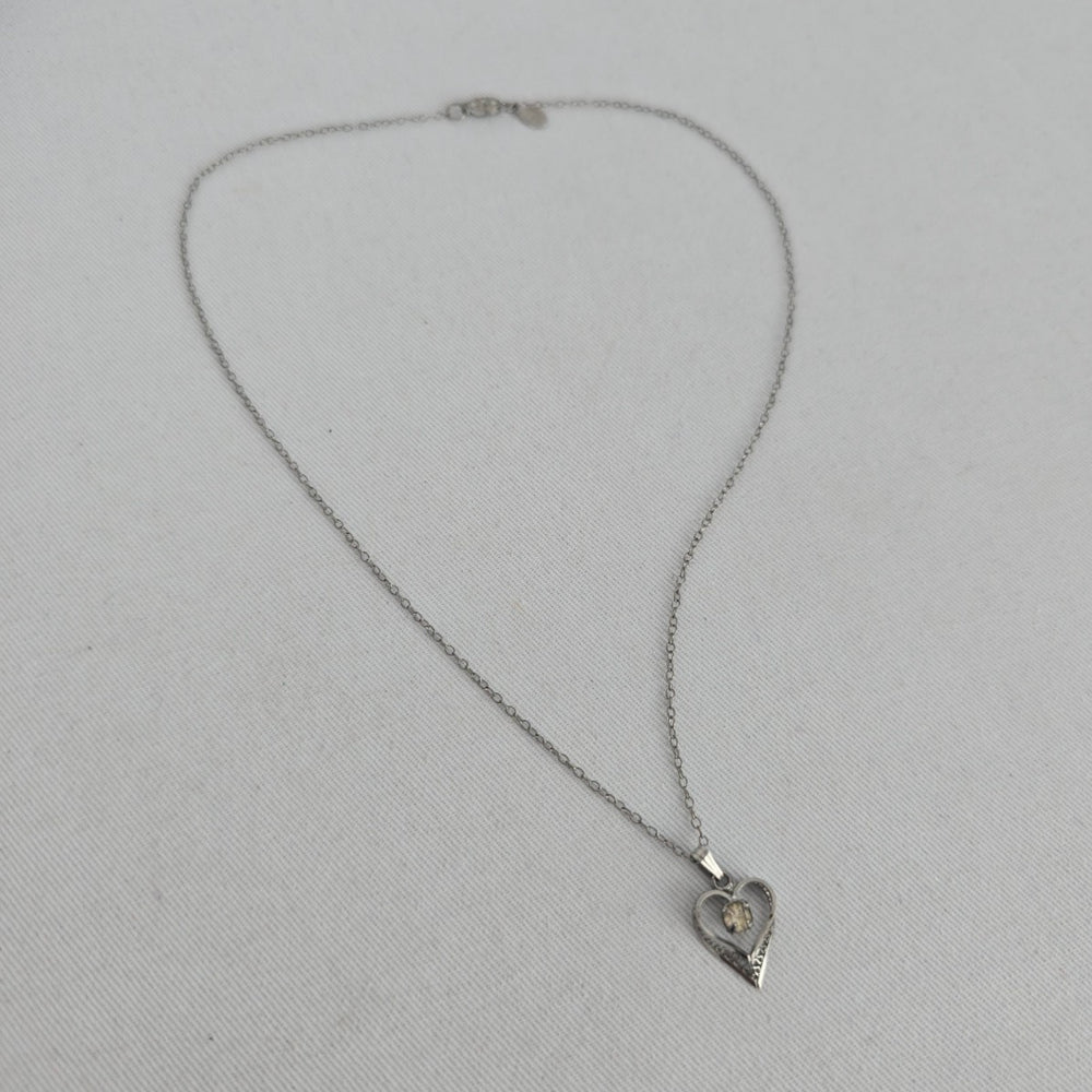 Vintage Sterling Silver Heart Pendant Necklace with Clear Faceted Stone
