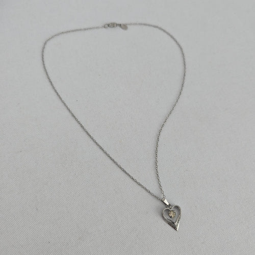 Vintage Sterling Silver Heart Pendant Necklace with Clear Faceted Stone