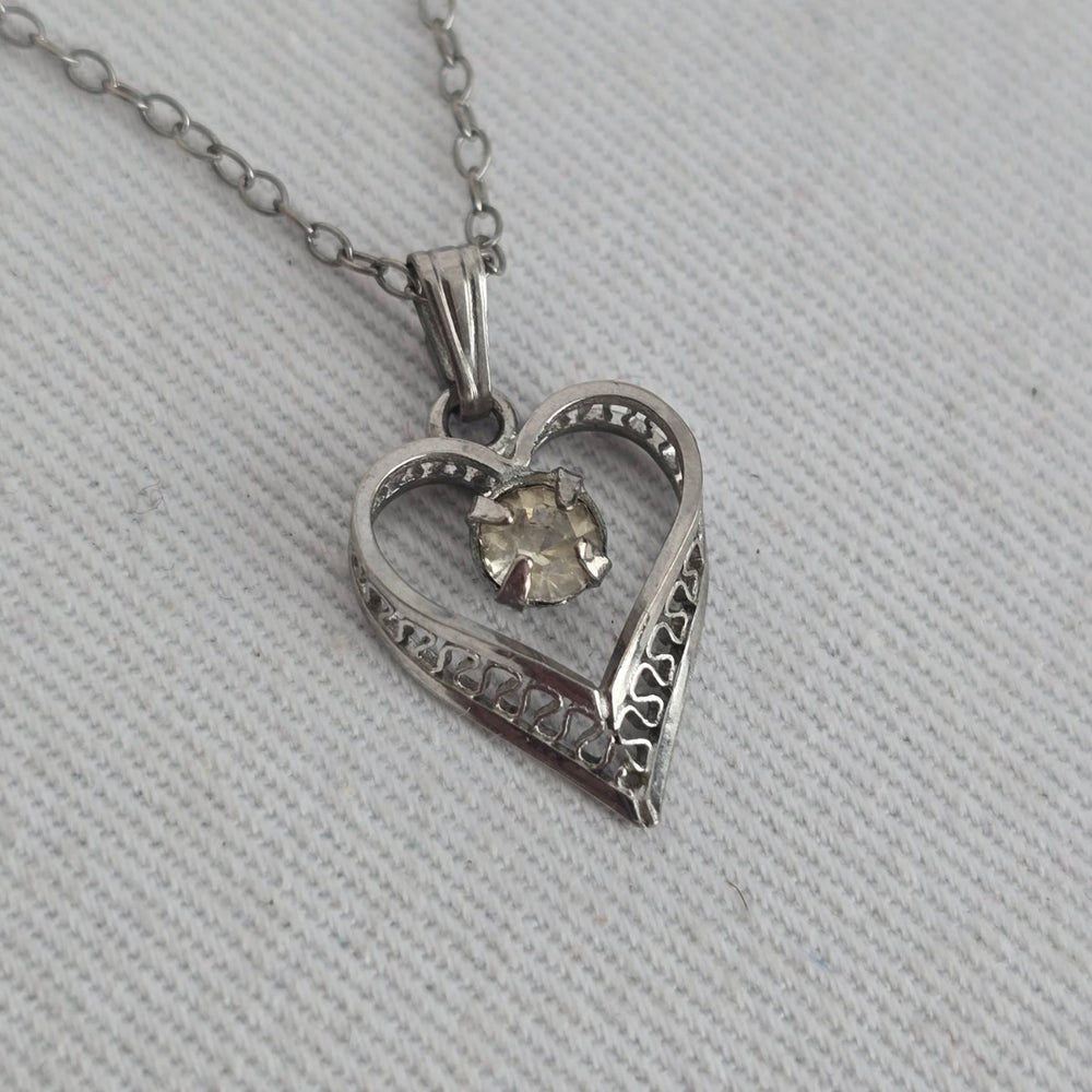 Vintage Sterling Silver Heart Pendant Necklace with Clear Faceted Stone