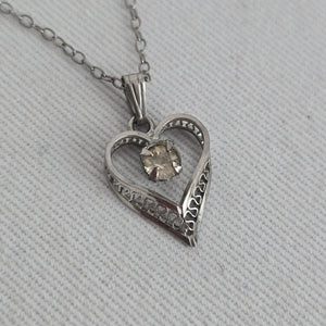 Vintage Sterling Silver Heart Pendant Necklace with Clear Faceted Stone