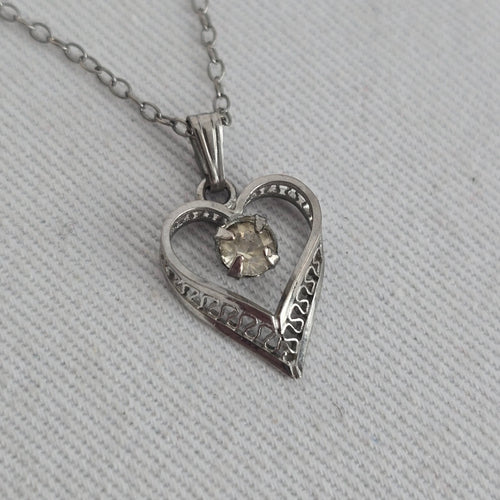 Vintage Sterling Silver Heart Pendant Necklace with Clear Faceted Stone