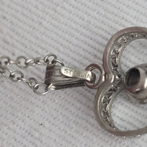 Vintage Sterling Silver Heart Pendant Necklace with Clear Faceted Stone