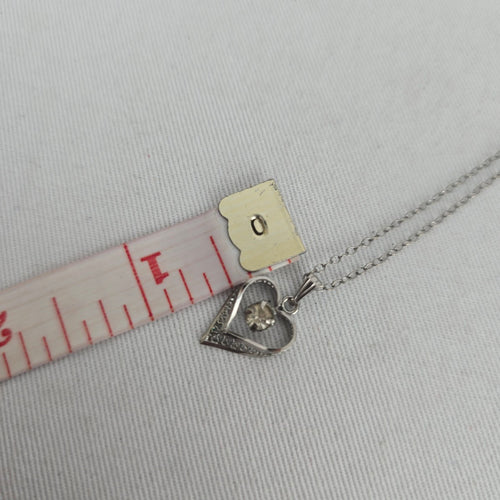 Vintage Sterling Silver Heart Pendant Necklace with Clear Faceted Stone