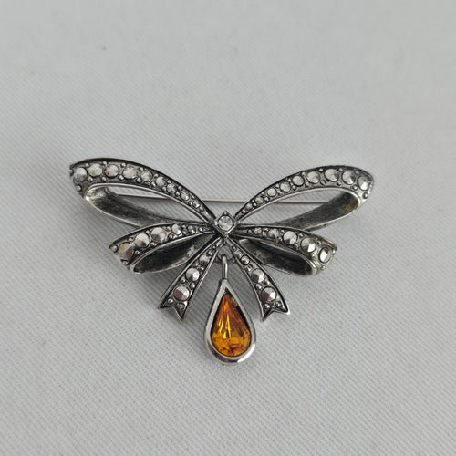 Vintage Avon Silver-Tone Bow Brooch with Amber Teardrop Rhinestone